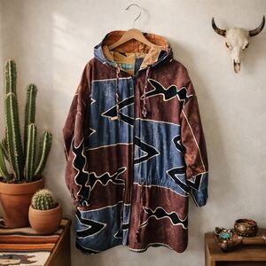 Vintage Geometric Boho Jacket Size L/XL Oversized Southwestern Hooded
